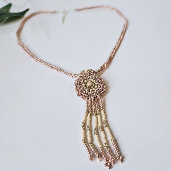 Rose Gold Fringe Beaded Indigenous Medallion Pendant Necklace | Handmade - Picture 5 of 10